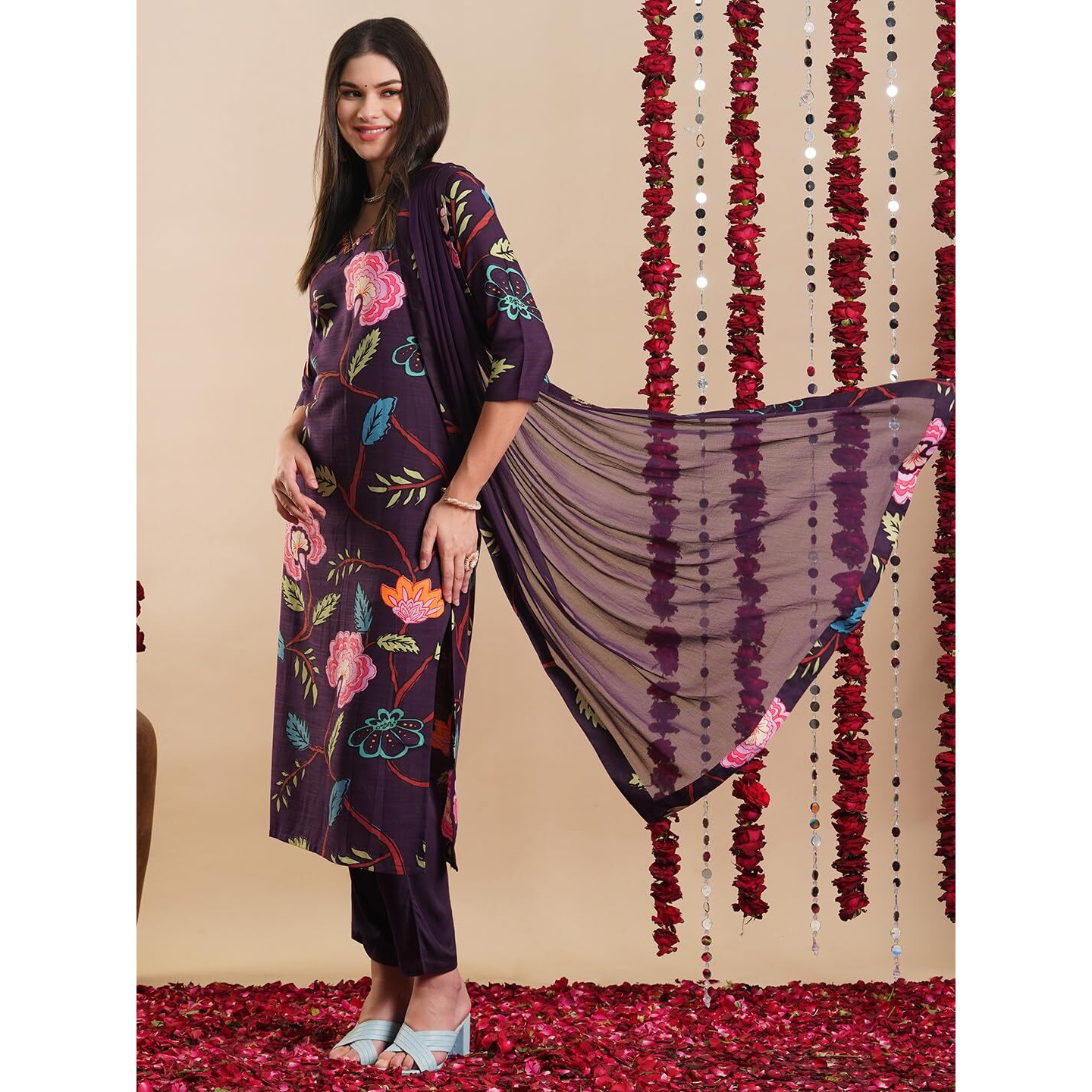 Gosriki Women's Rayon Blend Straight Printed Kurta With Pant & Dupatta (Twig Voilet-Gs_Xl_Violet_X-Large)