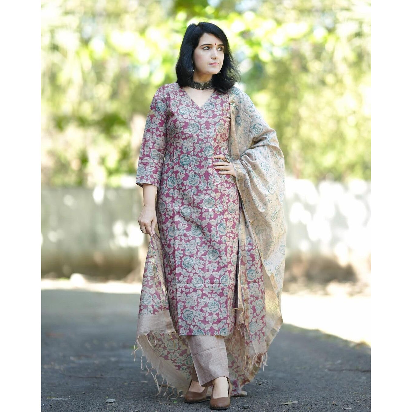 Gosriki Women's Cotton Blend Printed Straight Kurta With Pant & Dupatta (Moringa Pink-Nw-Gs_Xl_Pink_X-Large)