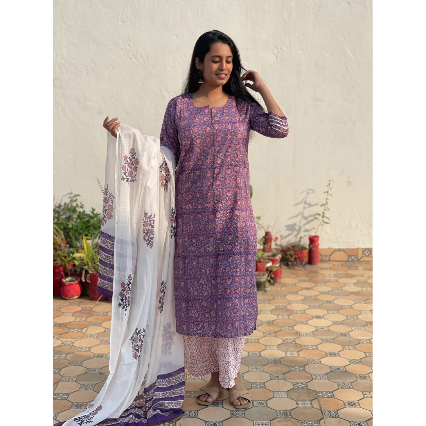 Gosriki Women's Cotton Blend Straight Printed Kurta With Pant & Dupatta (Blockbuster Multi-Gs_Xxl_Purple_Xx-Large)