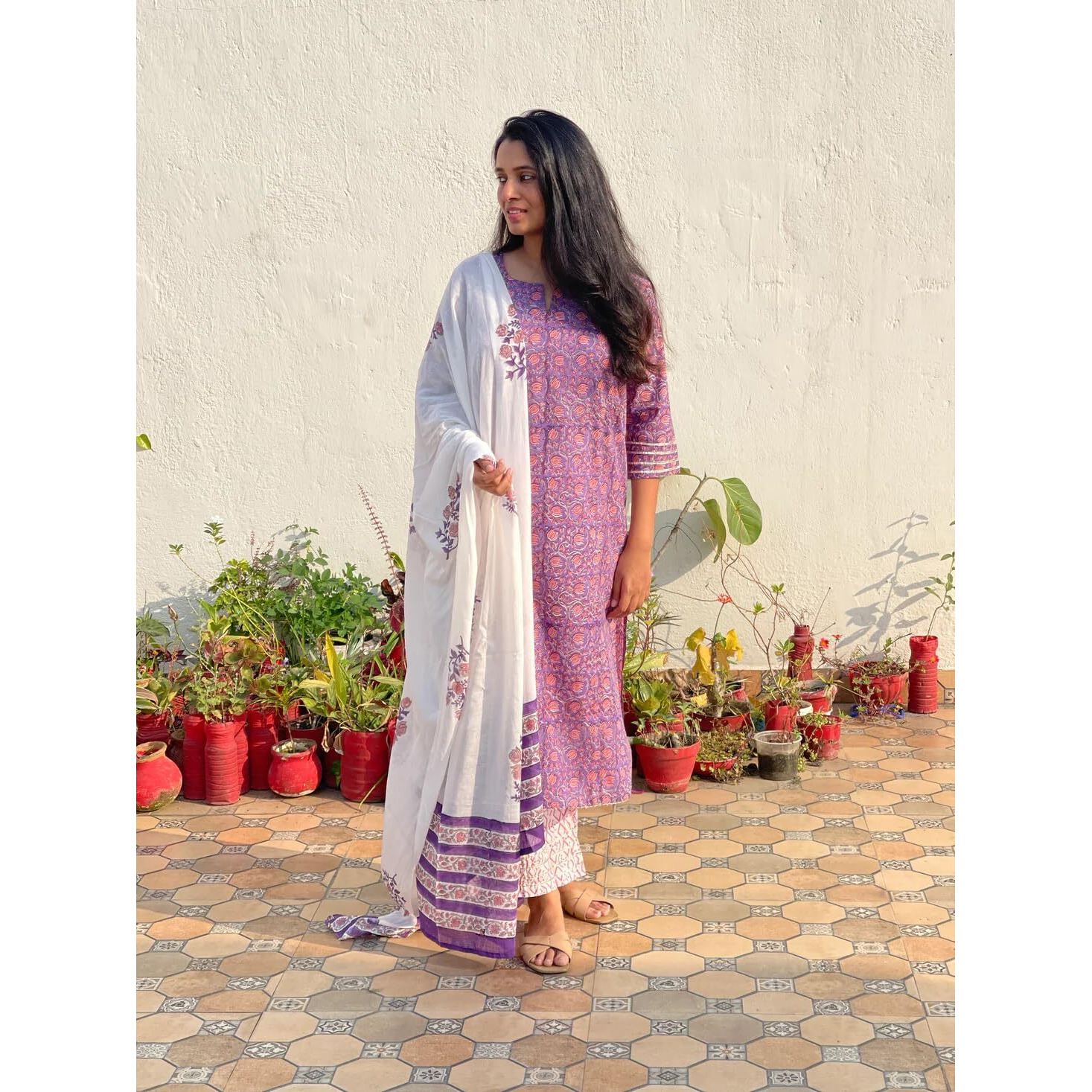 Gosriki Women's Cotton Blend Straight Printed Kurta With Pant & Dupatta (Blockbuster Multi-Gs_Xxl_Purple_Xx-Large)