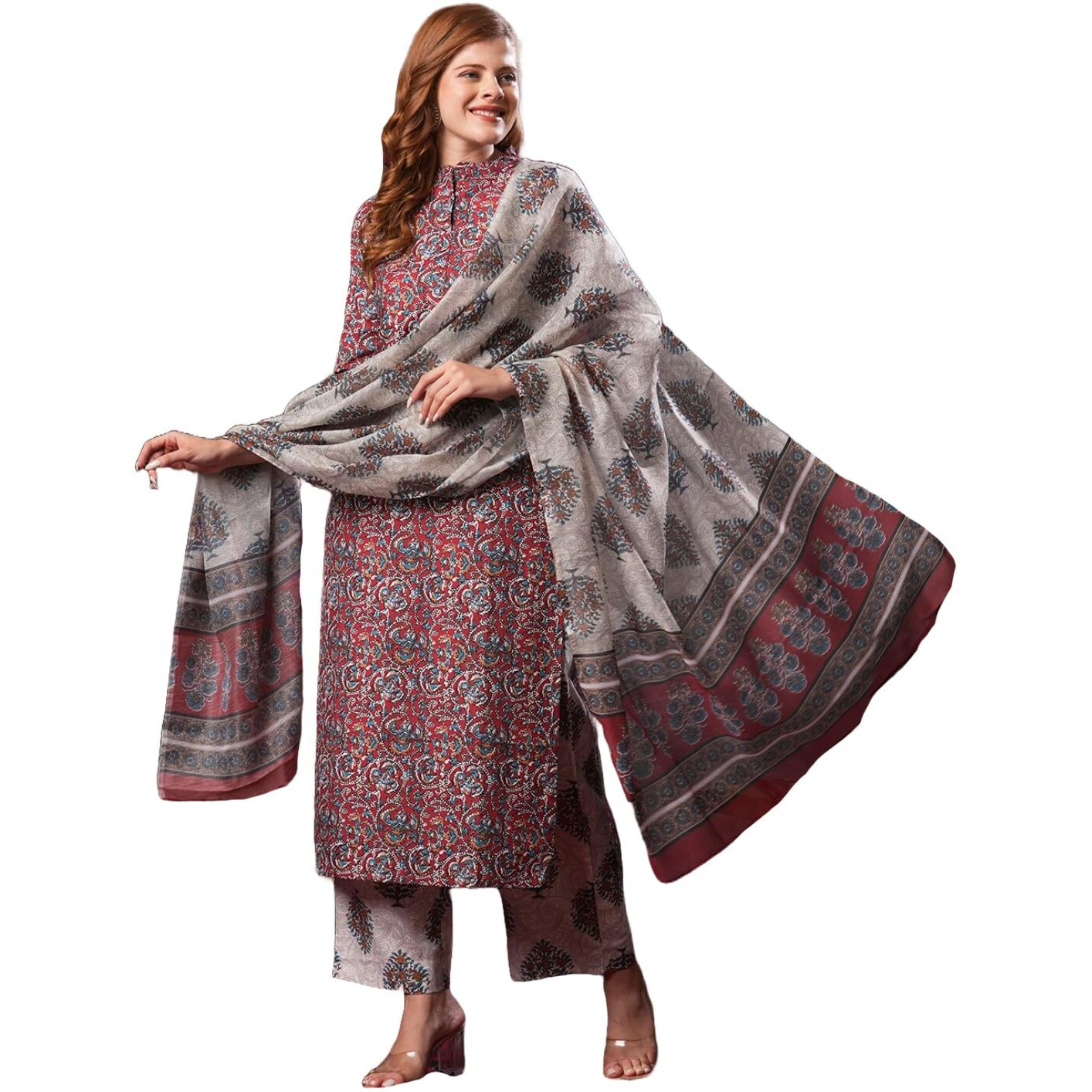 Gosriki Women's Rayon Blend Printed Straight Kurta Plazzo With Printed Dupatta (Aabina Maroon-Vks01-Gs_Xxl_Maroon_Xx-Large)