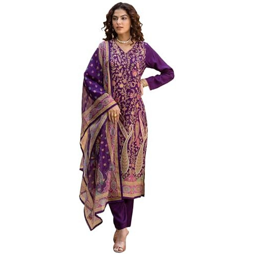 Gosriki Women's Rayon Viscose Straight Printed Kurta With Pant & Dupatta (Setul Begani-Gs_Xxl_Begani_Xx-Large)