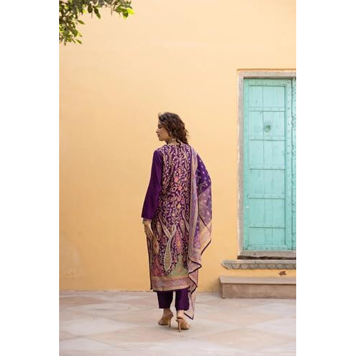 Gosriki Women's Rayon Viscose Straight Printed Kurta With Pant & Dupatta (Setul Begani-Gs_Xxl_Begani_Xx-Large)