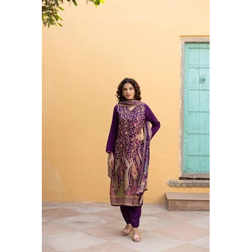 Gosriki Women's Rayon Viscose Straight Printed Kurta With Pant & Dupatta (Setul Begani-Gs_Xxl_Begani_Xx-Large)