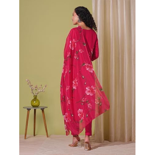 Gosriki Women's Rayon Blend Straight Printed Kurta With Pant & Dupatta (Roka Rani-Vks01-Gs_Xxl_Pink_Xx-Large)