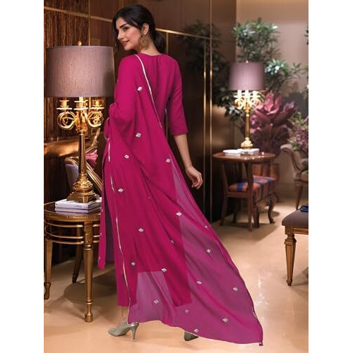 Gosriki Women's Rayon Viscose Embroidered Straight Kurta With Pant & Dupatta (Kasturi Pink-Vks02-Gs_Xxl_Pink_Xx-Large)