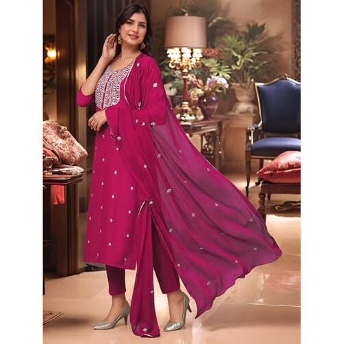 Gosriki Women's Rayon Viscose Embroidered Straight Kurta With Pant & Dupatta (Kasturi Pink-Vks02-Gs_Xxl_Pink_Xx-Large)