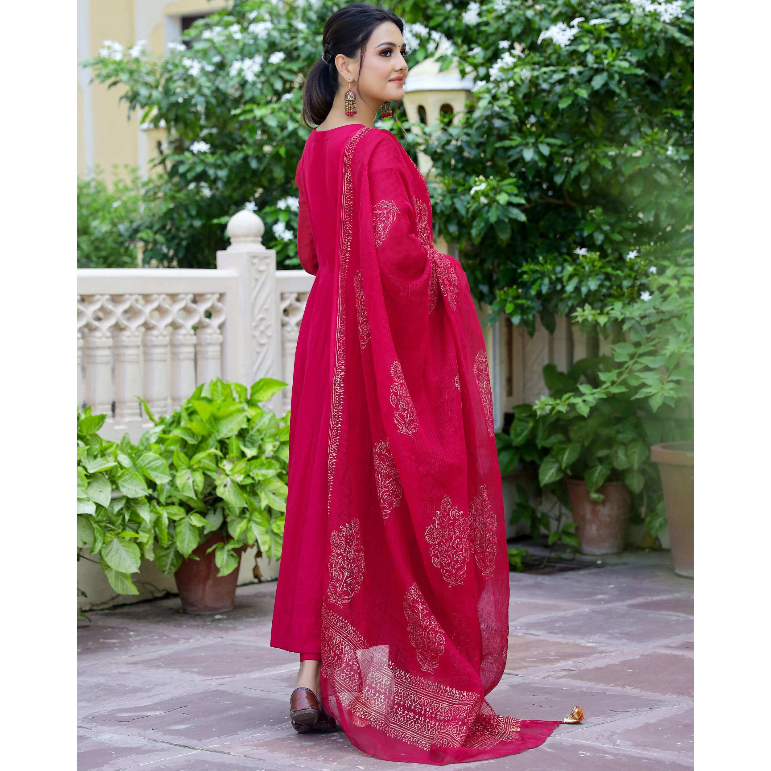 Gosriki Women's Cotton Blend Solid Anarkali Kurta With Pant & Dupatta (Magic-Pink-Nw-Gs_Xxl_Pink_Xx-Large)