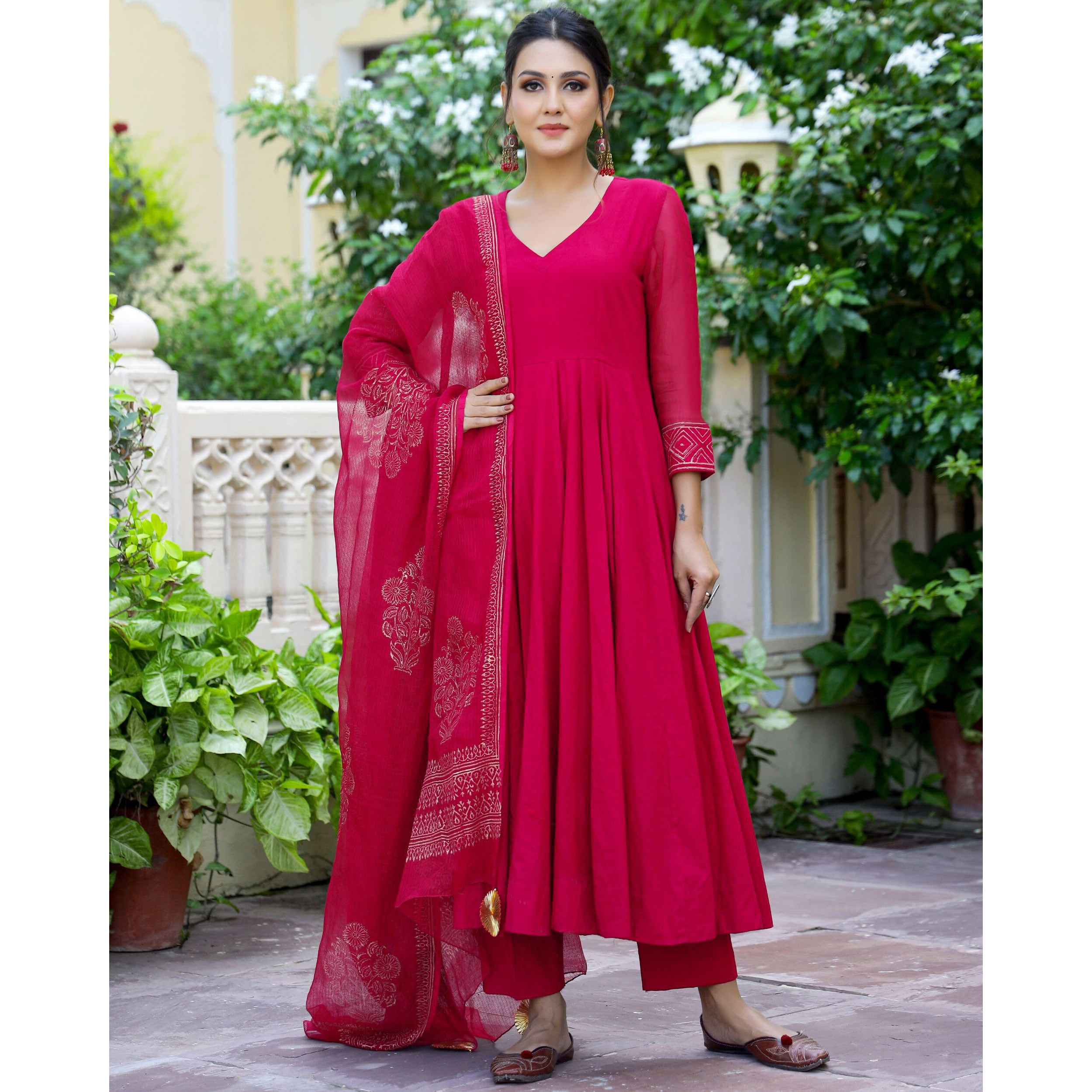 Gosriki Women's Cotton Blend Solid Anarkali Kurta With Pant & Dupatta (Magic-Pink-Nw-Gs_Xxl_Pink_Xx-Large)