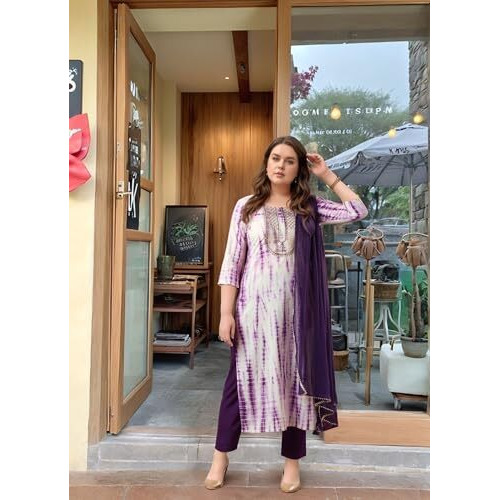 Gosriki Women's Rayon Viscose Printed Straight Kurta With Pant & Dupatta (Tiedye Begani-Vks05-Gs_5Xl_Violet_Xxxxx-Large)