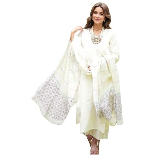Gosriki Women's Rayon Blend Printed Straight Kurta With Pant & Dupatta (Mirai White-Vks02-Gs_L_White_Large)