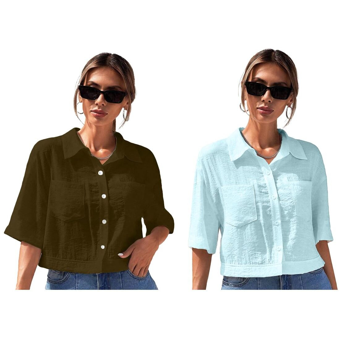 Toplot Shirt For Women || V-Collar Solid Crop For Woman || Half Sleeves For Women || Oversized Shirt For Woman (V-Crop-Shirt-5183-5183-Brown-Sky-Xl)