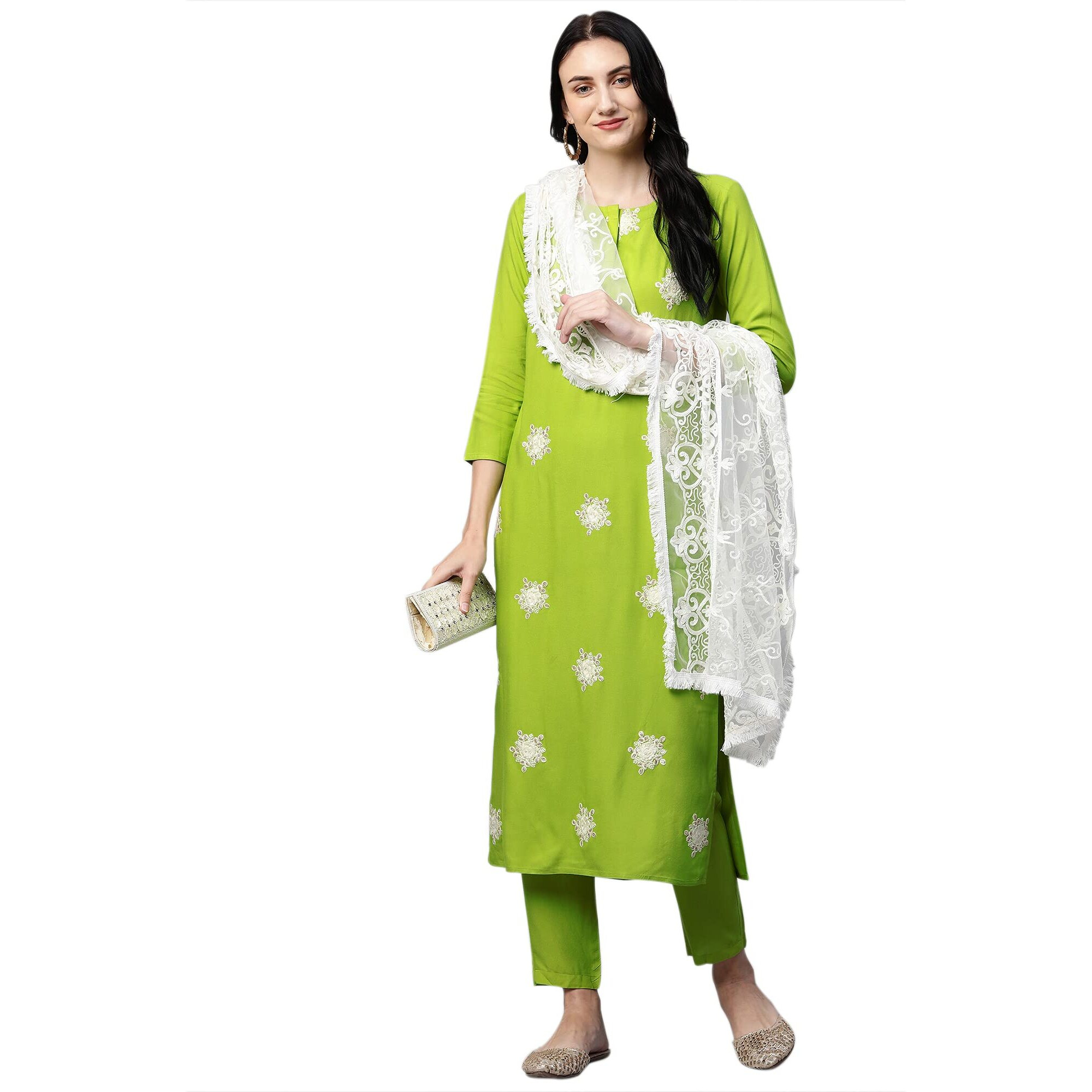 Gosriki Women's Cotton Straight Kurta With Palazzo & Dupatta (Yashotha Green_Xl_Green_X-Large)