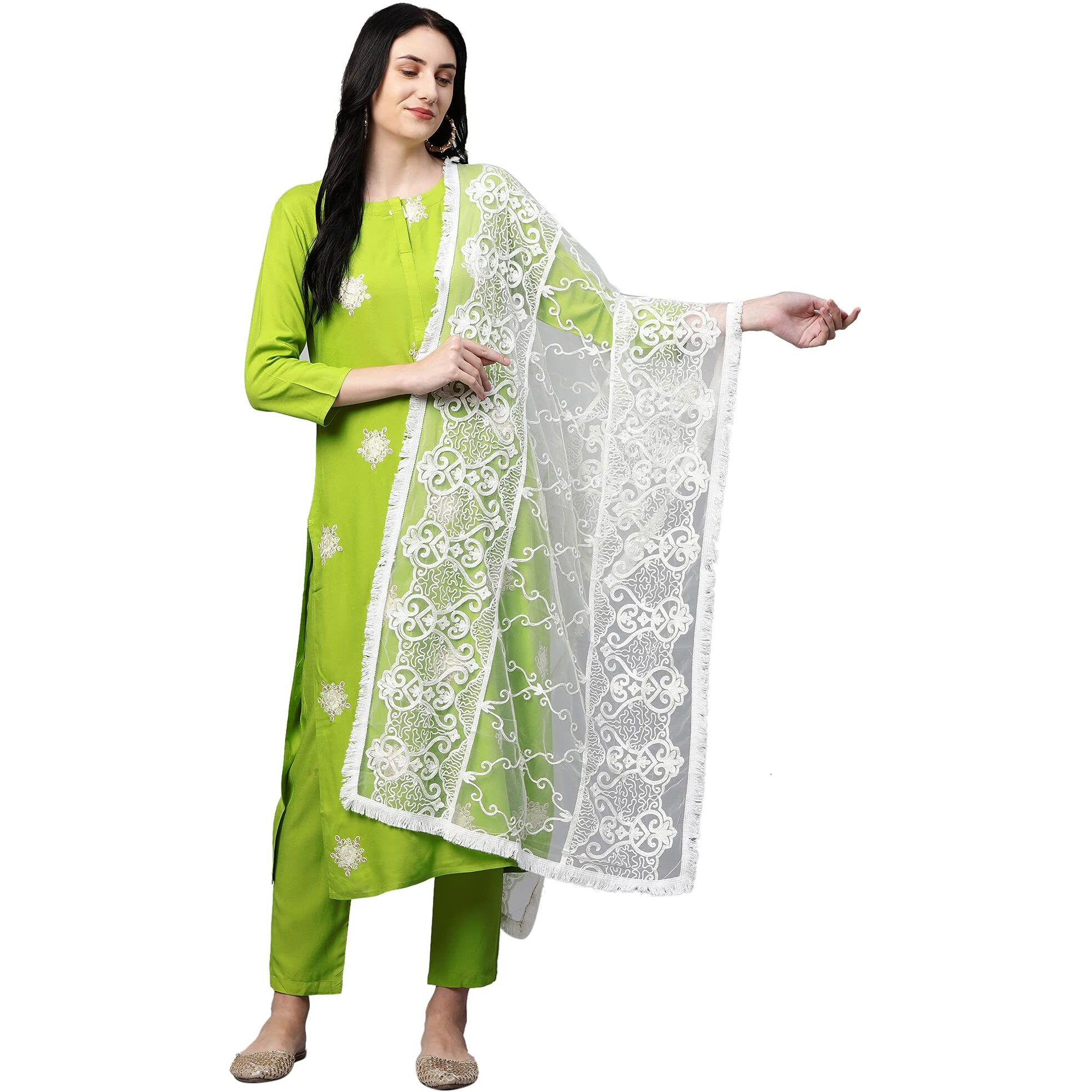 Gosriki Women's Cotton Straight Kurta With Palazzo & Dupatta (Yashotha Green_Xl_Green_X-Large)