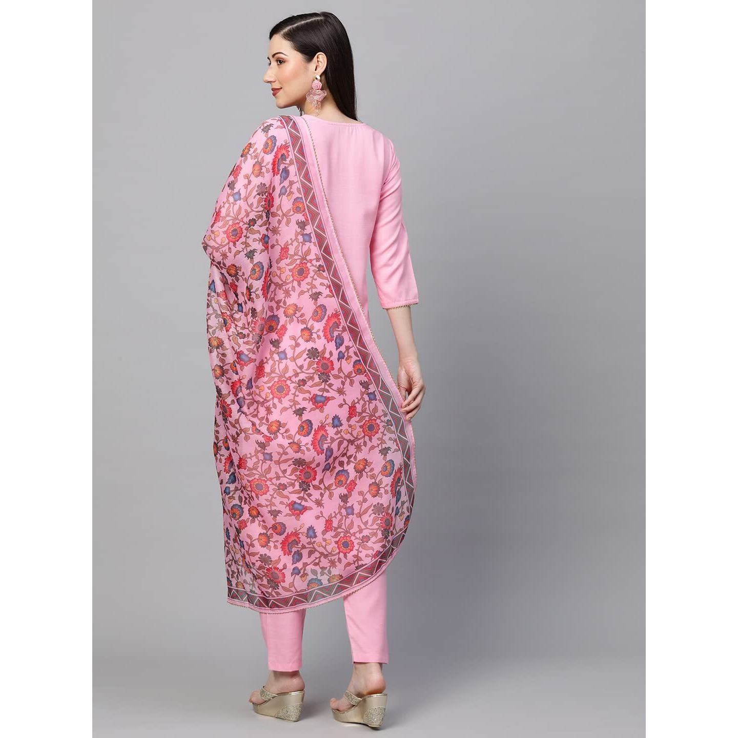 Gosriki Women's Cotton Blend Solid Straight Kurta With Pant & Dupatta (Authentic-Baby Pink_Xl-Gs_Baby Pink_X-Large)
