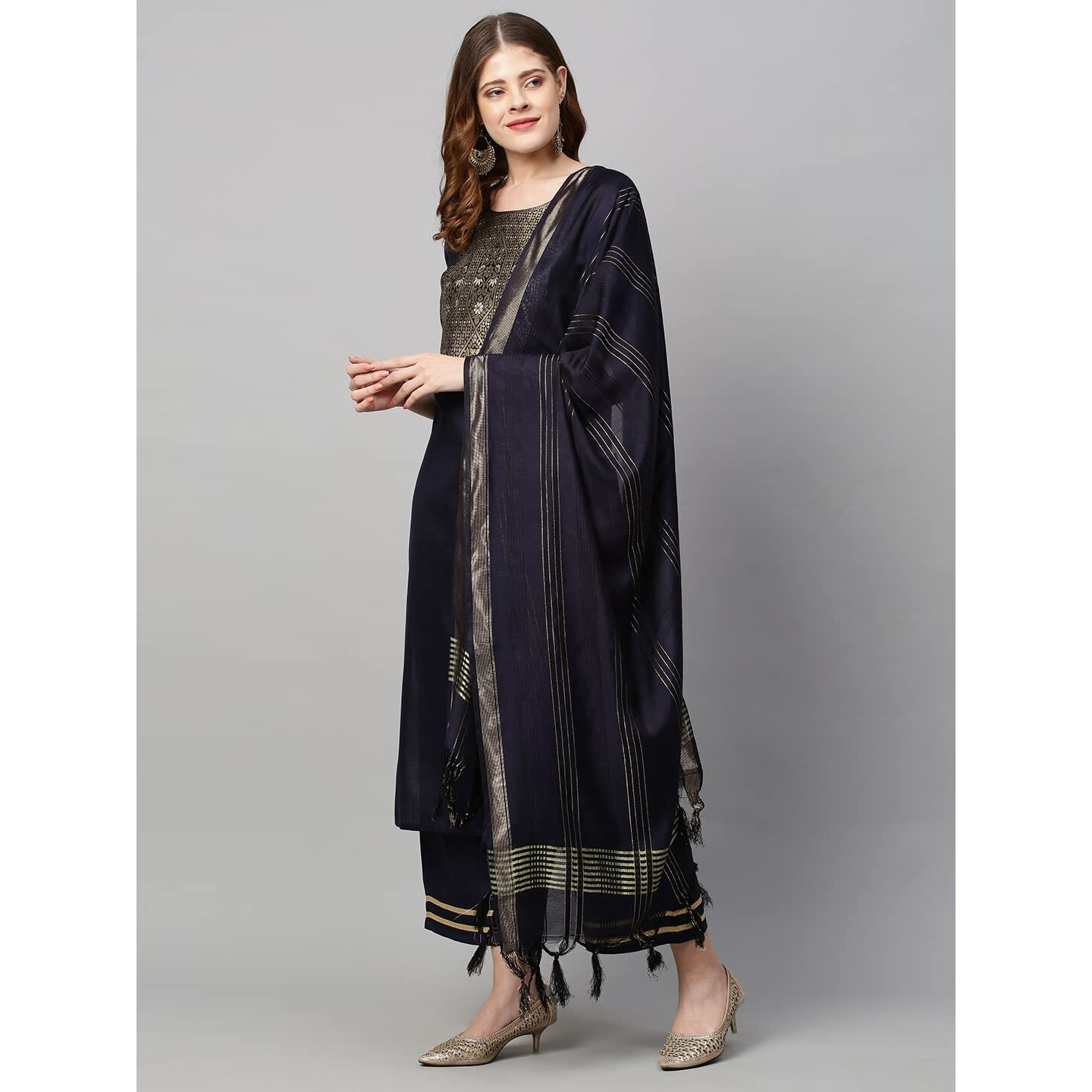 Gosriki Women's Cotton Blend Solid Straight Kurta With Palazzos & With Dupatta (Wukis Blue_S-Gs_Blue_Small)