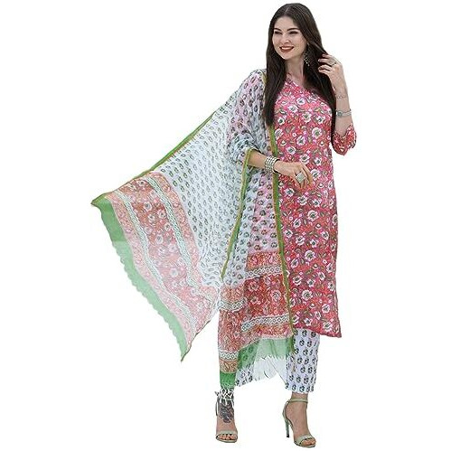 Gosriki Women's Cotton Blend Straight Printed Kurta With Pant & Dupatta (Tanvi Red-Gs_M_Red_Medium)