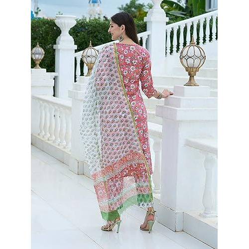 Gosriki Women's Cotton Blend Straight Printed Kurta With Pant & Dupatta (Tanvi Red-Gs_M_Red_Medium)