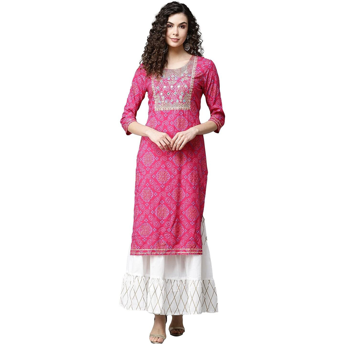 Gosriki Womens Embroidery Bhandhani Kurta With Sharara(Molly Pink_L_Pink_Large)