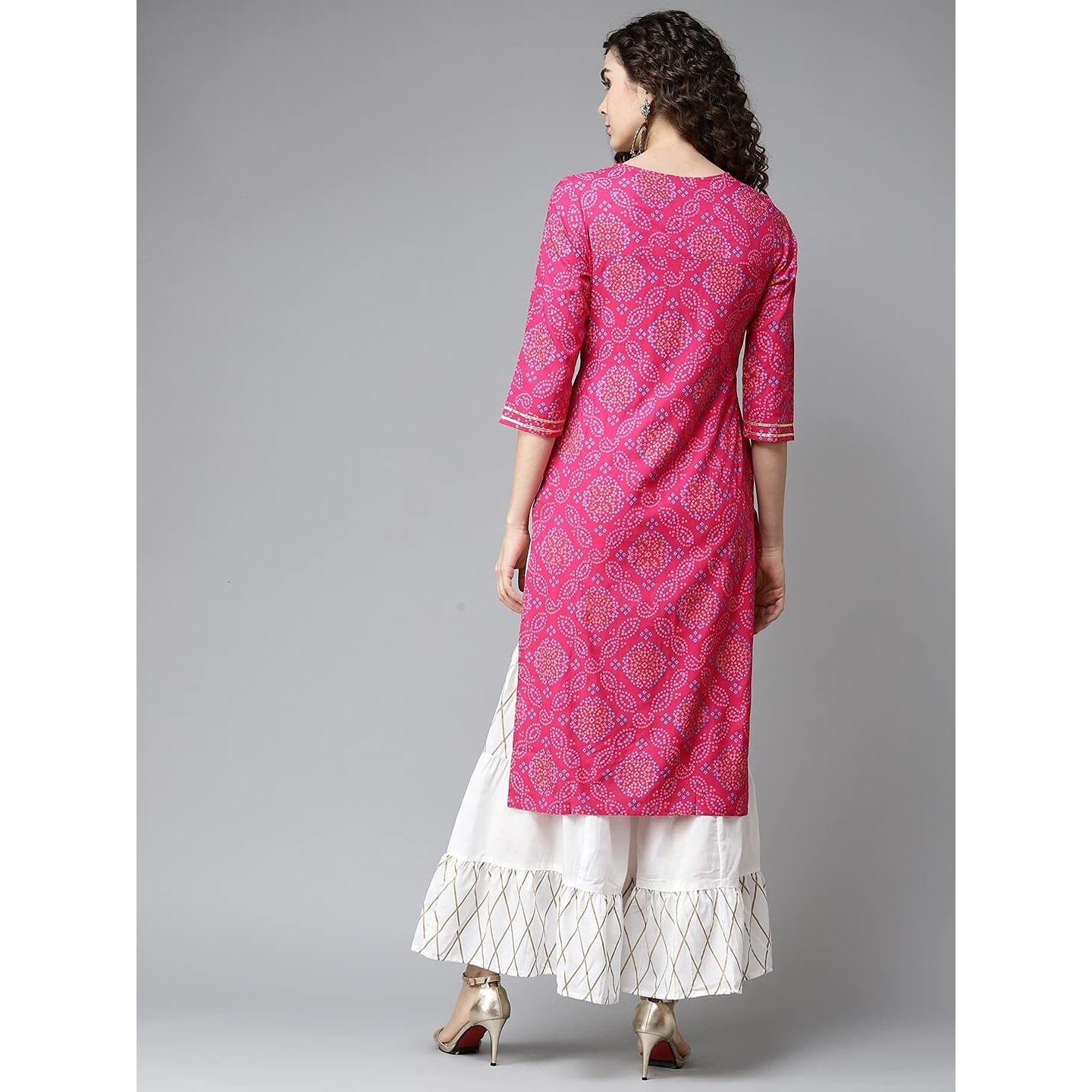Gosriki Womens Embroidery Bhandhani Kurta With Sharara(Molly Pink_L_Pink_Large)