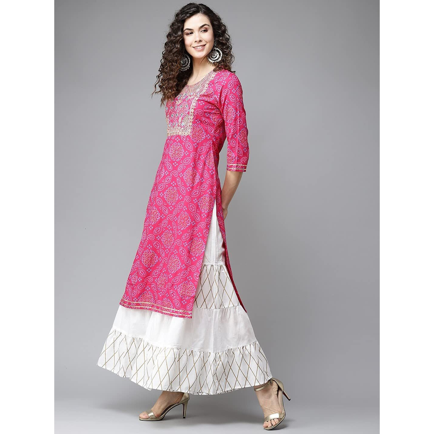 Gosriki Womens Embroidery Bhandhani Kurta With Sharara(Molly Pink_L_Pink_Large)