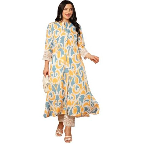 Gosriki Women's Rayon Viscose A-Line Printed Kurta With Pant (Mandal Yellow-Vks01-Gs_Xxl_Yellow_Xx-Large)