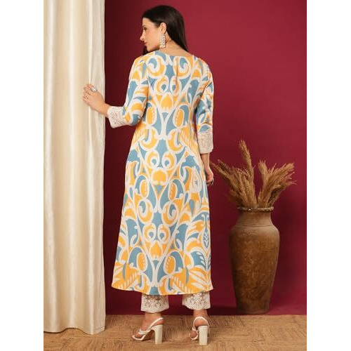 Gosriki Women's Rayon Viscose A-Line Printed Kurta With Pant (Mandal Yellow-Vks01-Gs_Xxl_Yellow_Xx-Large)