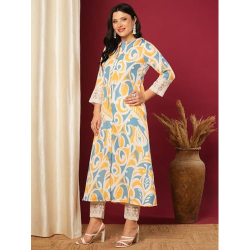 Gosriki Women's Rayon Viscose A-Line Printed Kurta With Pant (Mandal Yellow-Vks01-Gs_Xxl_Yellow_Xx-Large)
