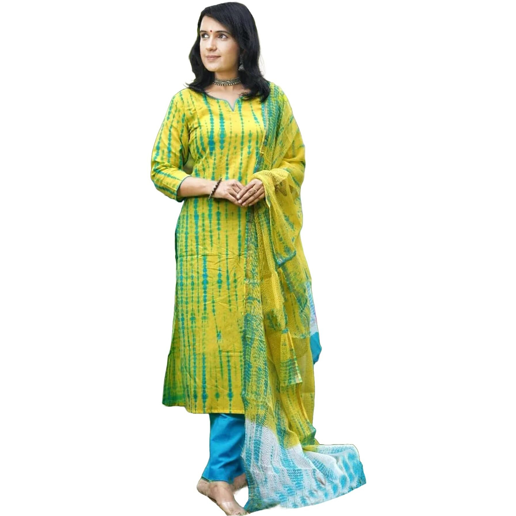 Gosriki Women's Rayon Blend Straight Printed Kurta With Pant & Dupatta (Kayke Yellow-Krw-Gs_Xxl_Yellow_Xx-Large)