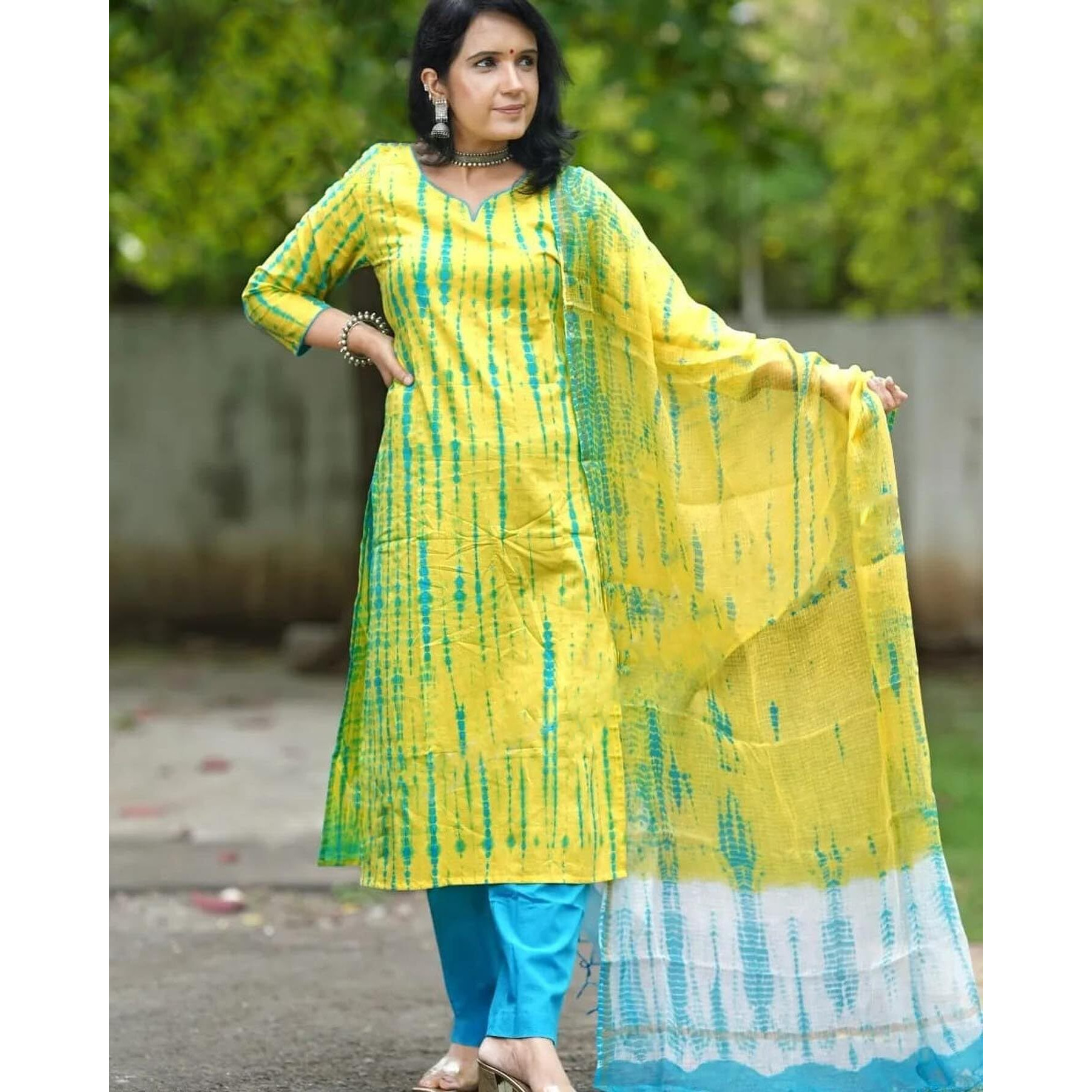 Gosriki Women's Rayon Blend Straight Printed Kurta With Pant & Dupatta (Kayke Yellow-Krw-Gs_Xxl_Yellow_Xx-Large)