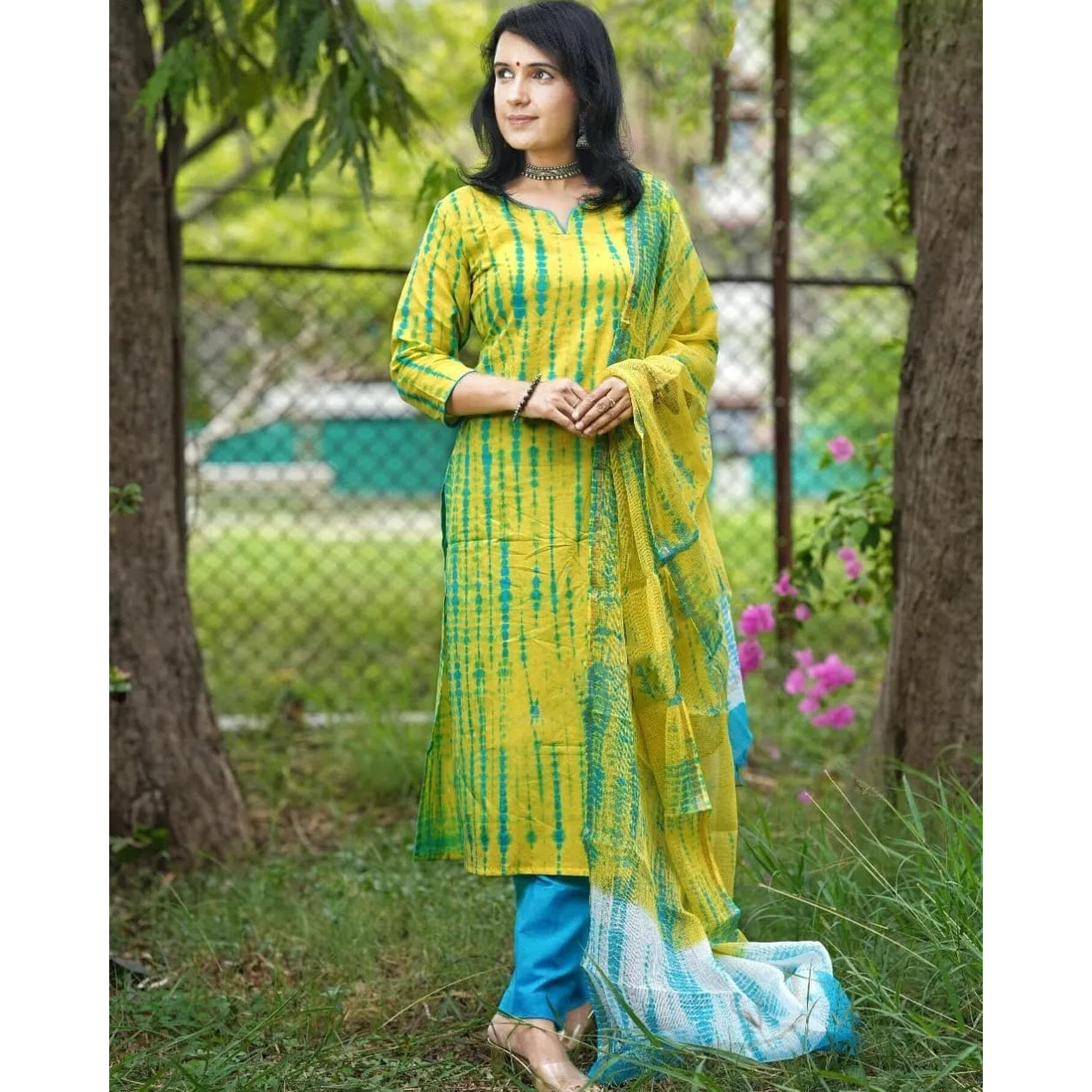 Gosriki Women's Rayon Blend Straight Printed Kurta With Pant & Dupatta (Kayke Yellow-Krw-Gs_Xxl_Yellow_Xx-Large)