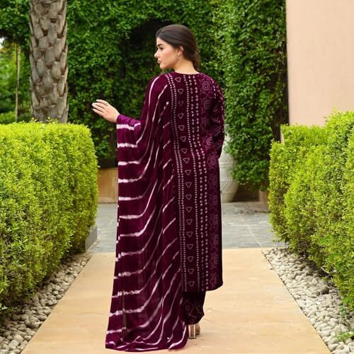 Gosriki Women's Rayon Viscose Straight Bandhej Printed Kurta With Pant & Dupatta (Baghira Wine-Vks03-Gs_M_Wine_Medium)