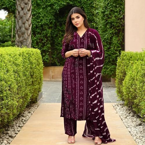 Gosriki Women's Rayon Viscose Straight Bandhej Printed Kurta With Pant & Dupatta (Baghira Wine-Vks03-Gs_M_Wine_Medium)