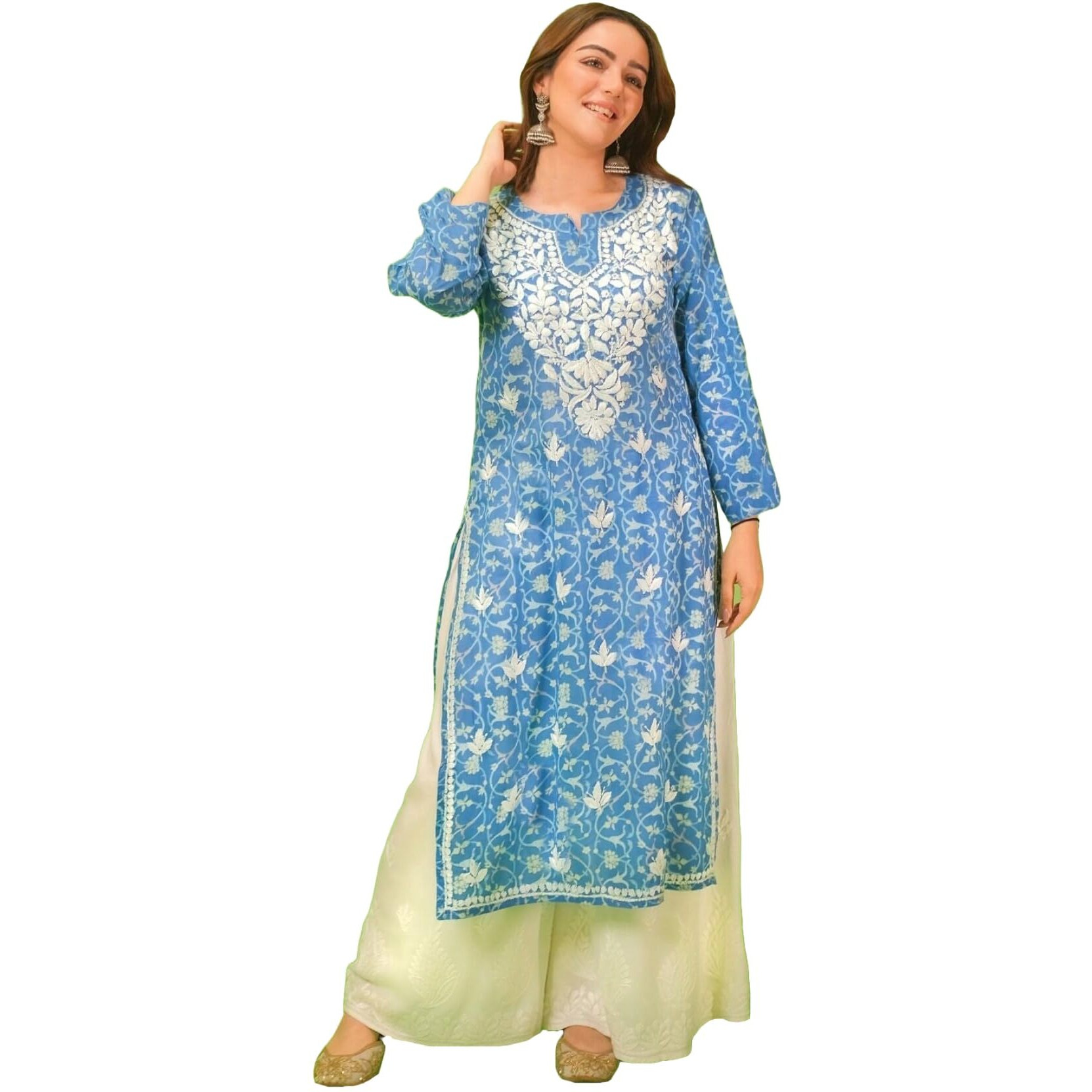 Gosriki Women's Rayon Blend Straight Chikankari Embroidered Kurta (Nakusha Blue-Gs_M_Blue_Medium)