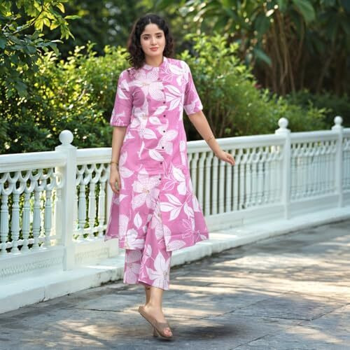 Gosriki Women's Rayon Viscose Printed A-Line Kurta With Pant (Sunoni Pink-Vks02-Gs_S_Pink_Small)