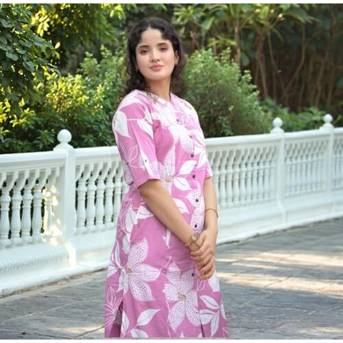 Gosriki Women's Rayon Viscose Printed A-Line Kurta With Pant (Sunoni Pink-Vks02-Gs_S_Pink_Small)