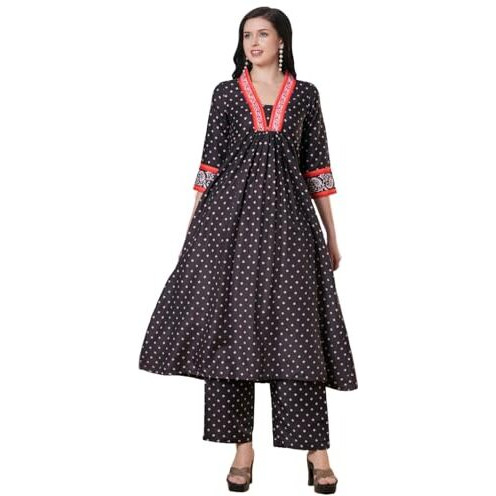 Gosriki Women's Rayon Viscose Anarkali Printed Kurta With Pant (Karidos Black-Vks02-Gs_M_Black_Medium)