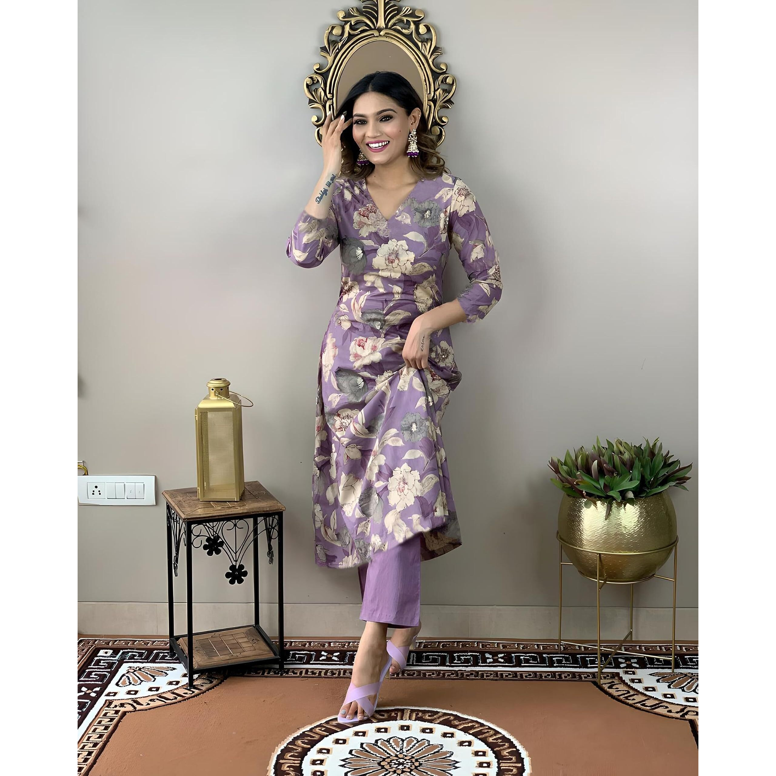 Gosriki Women's Rayon Straight Printed Kurta With Pant Set (Dhun-Purple-Nw-Gs_S_Purple_Small)