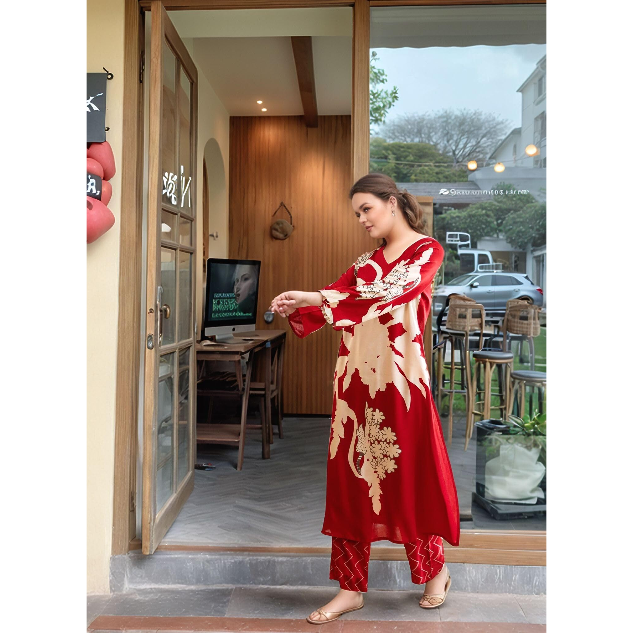 Gosriki Women's Rayon Viscose Straight Printed Kurta With Palazzo (Cukari Red-Vks04-Gs_M_Red_Medium)