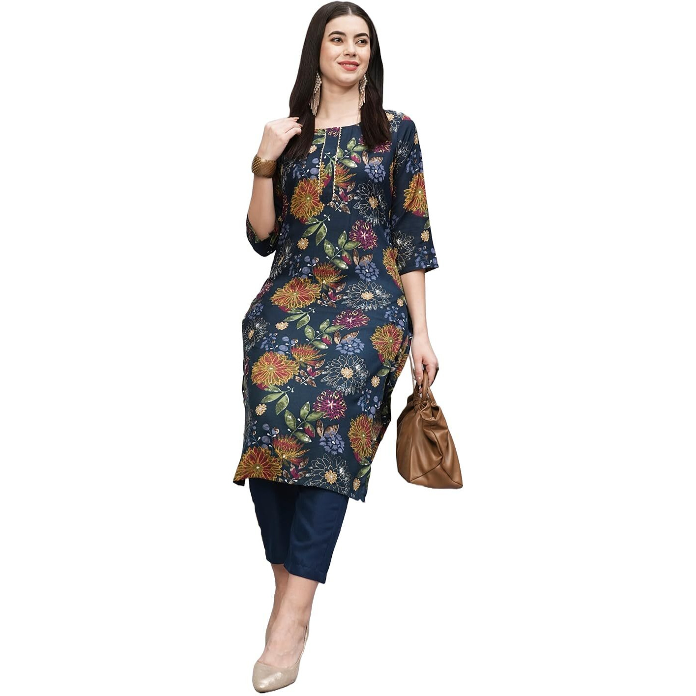 Gosriki Women's Cotton Blend Straight Printed Kurta With Pant (Paajas Blue-Gs_S_Blue_Small)