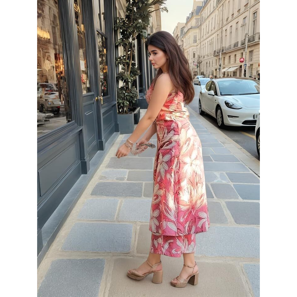 Gosriki Women's Rayon Viscose Printed Straight Kurta With Palazzo (Vcm Pink-Vks02-Gs_S_Pink_Small)