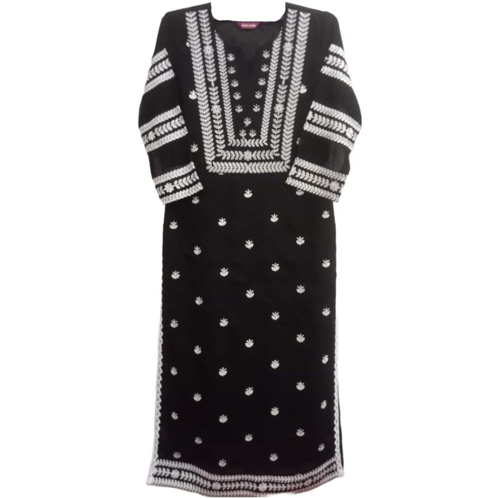 Gosriki Women's Cotton Blend Straight Chikankari Embroidered Kurta (Stho-Black-Kds-Gs_M_Black_Medium)