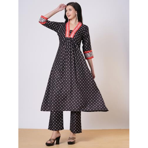 Gosriki Women's Rayon Viscose Anarkali Printed Kurta With Pant (Karidos Black-Vks02-Gs_L_Black_Large)