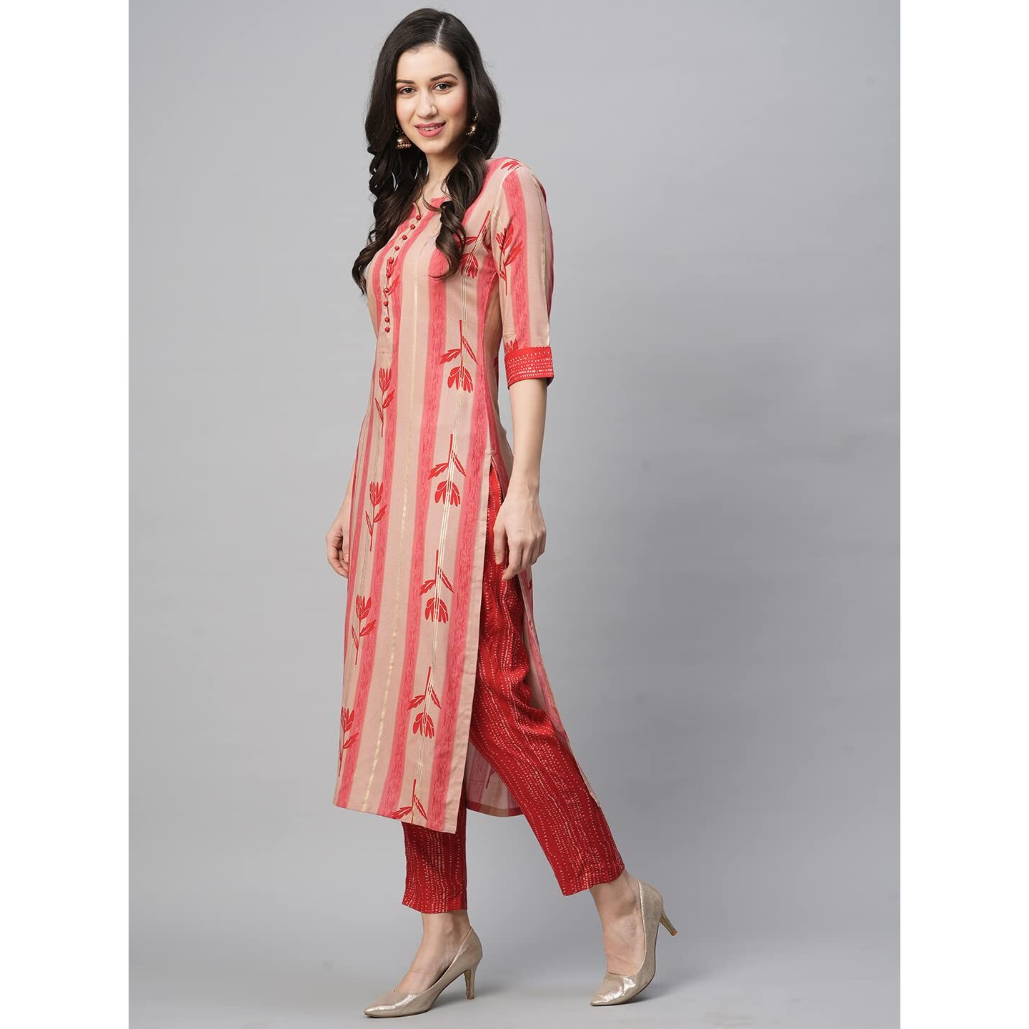 Gosriki Women's Cotton Blend Straight Printed Kurta With Pant (Dania Red-Nw5-Gs_L_Red_Large)