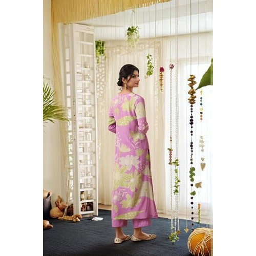 Gosriki Women's Rayon Viscose Straight Printed Kurta With Palazzo (Wanda Purple-Vks04-Gs_M_Purple_Medium)