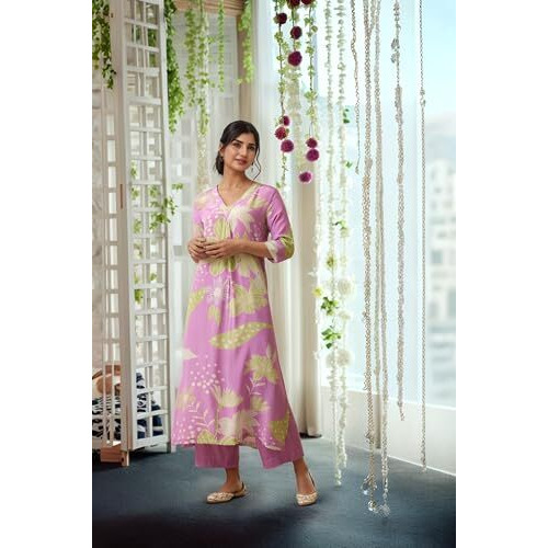 Gosriki Women's Rayon Viscose Straight Printed Kurta With Palazzo (Wanda Purple-Vks04-Gs_M_Purple_Medium)