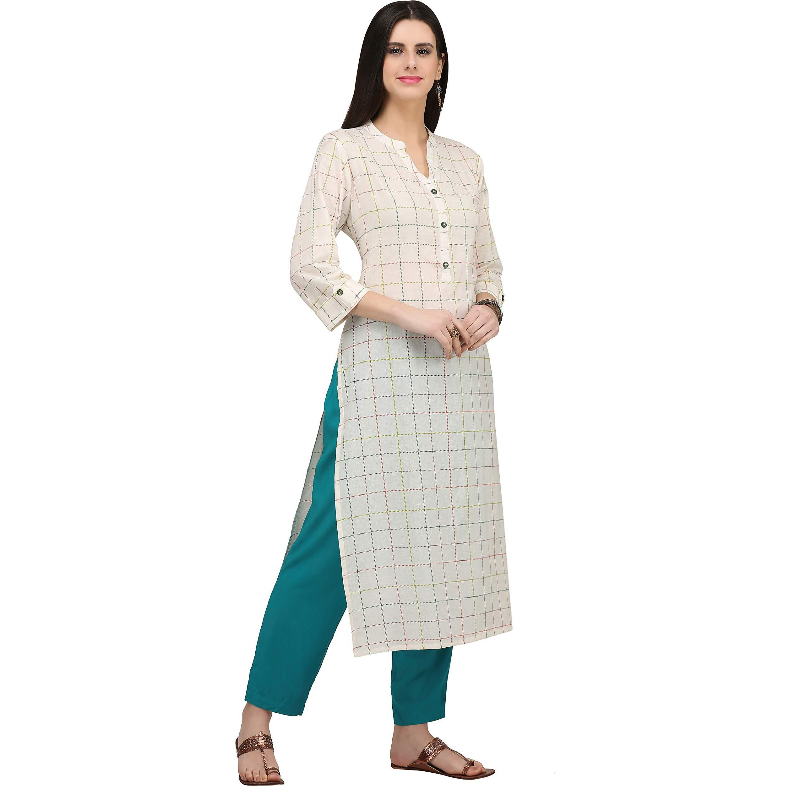 Gosriki Women's Cotton Kurta (Kur190014-M_Medium_White)