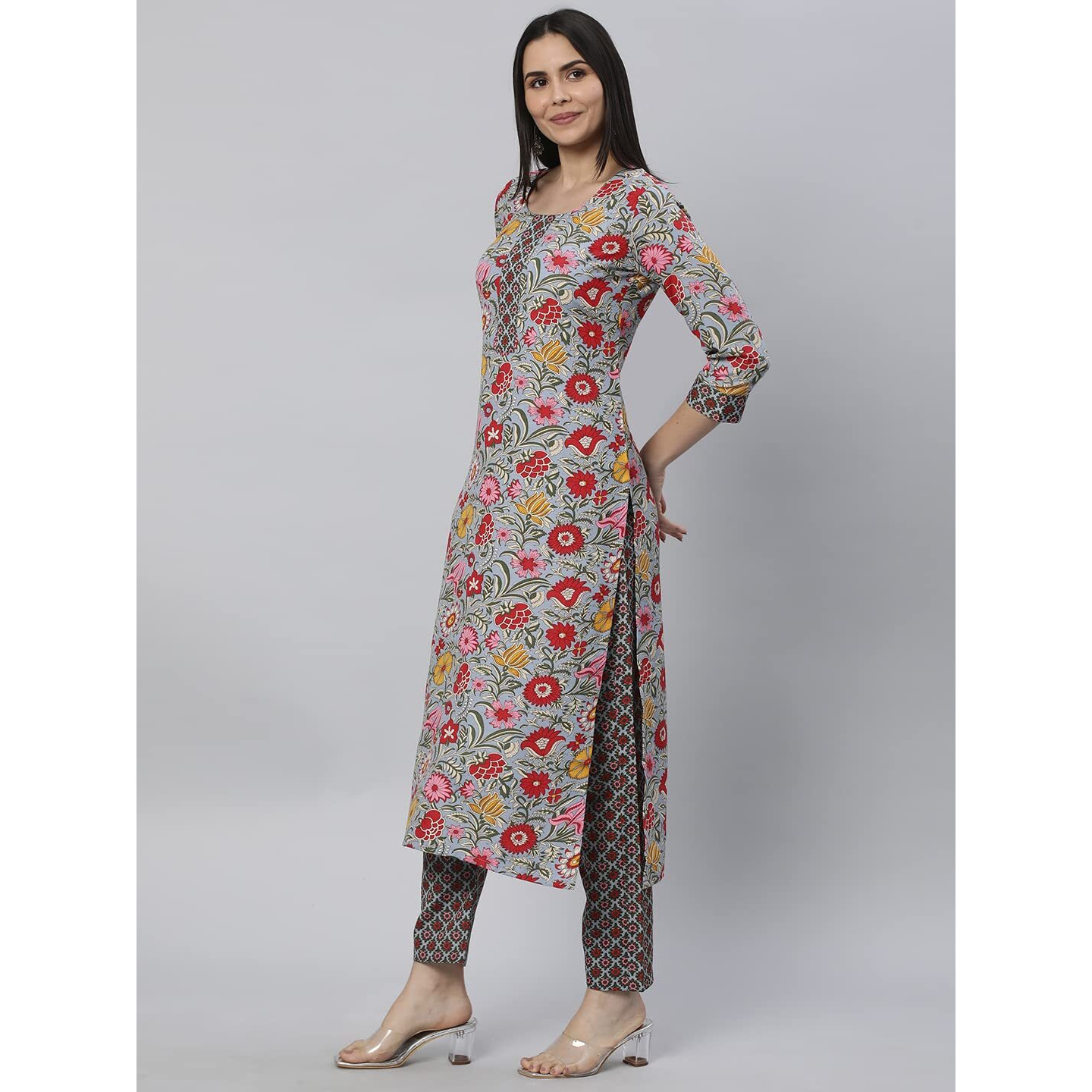 Gosriki Women's Cotton Blend Straight Printed Kurta With Pant (Cp Green-Nw-Gs_S_Green_Small)