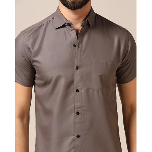 Toplot Men's Regular Fit Solid Casual Shirt With Pocket Design With Spread Collar & Half Sleeves (Half-Pocket-5179-Grey-M)