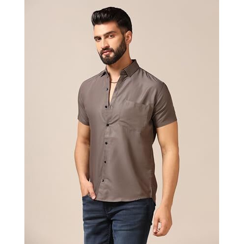 Toplot Men's Regular Fit Solid Casual Shirt With Pocket Design With Spread Collar & Half Sleeves (Half-Pocket-5179-Grey-M)